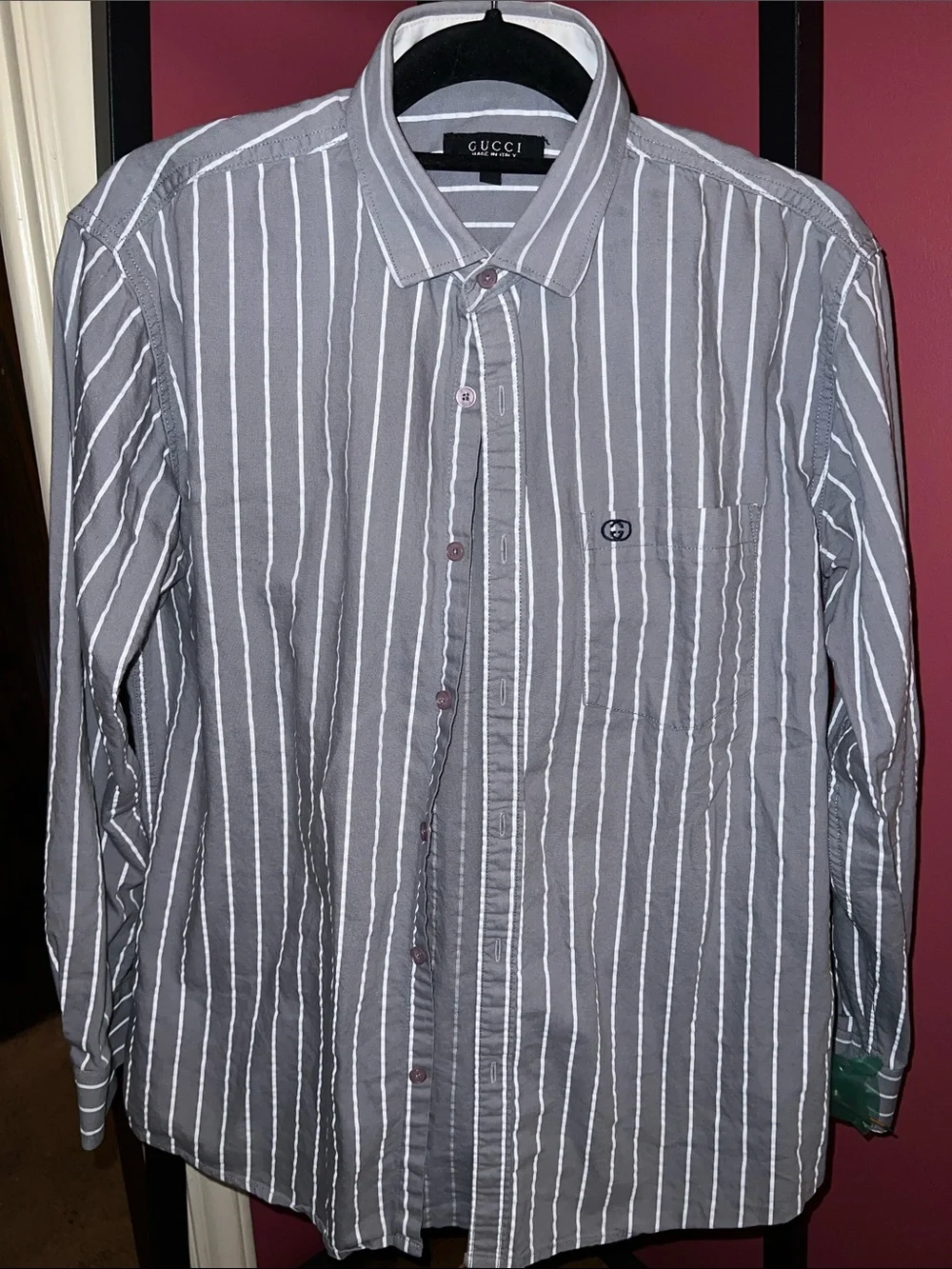 Gucci Gray and White Vertical Stripe Button-Down Shirt